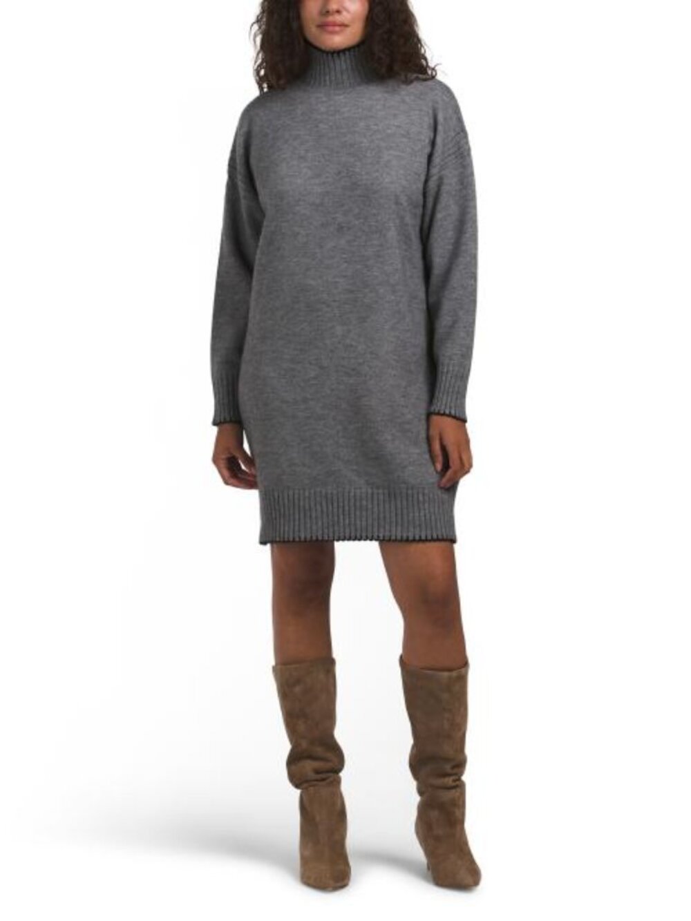 MAX STUDIO LONDON Long Sleeve Whipstitch Trim Turtleneck Sweater Mini Dress